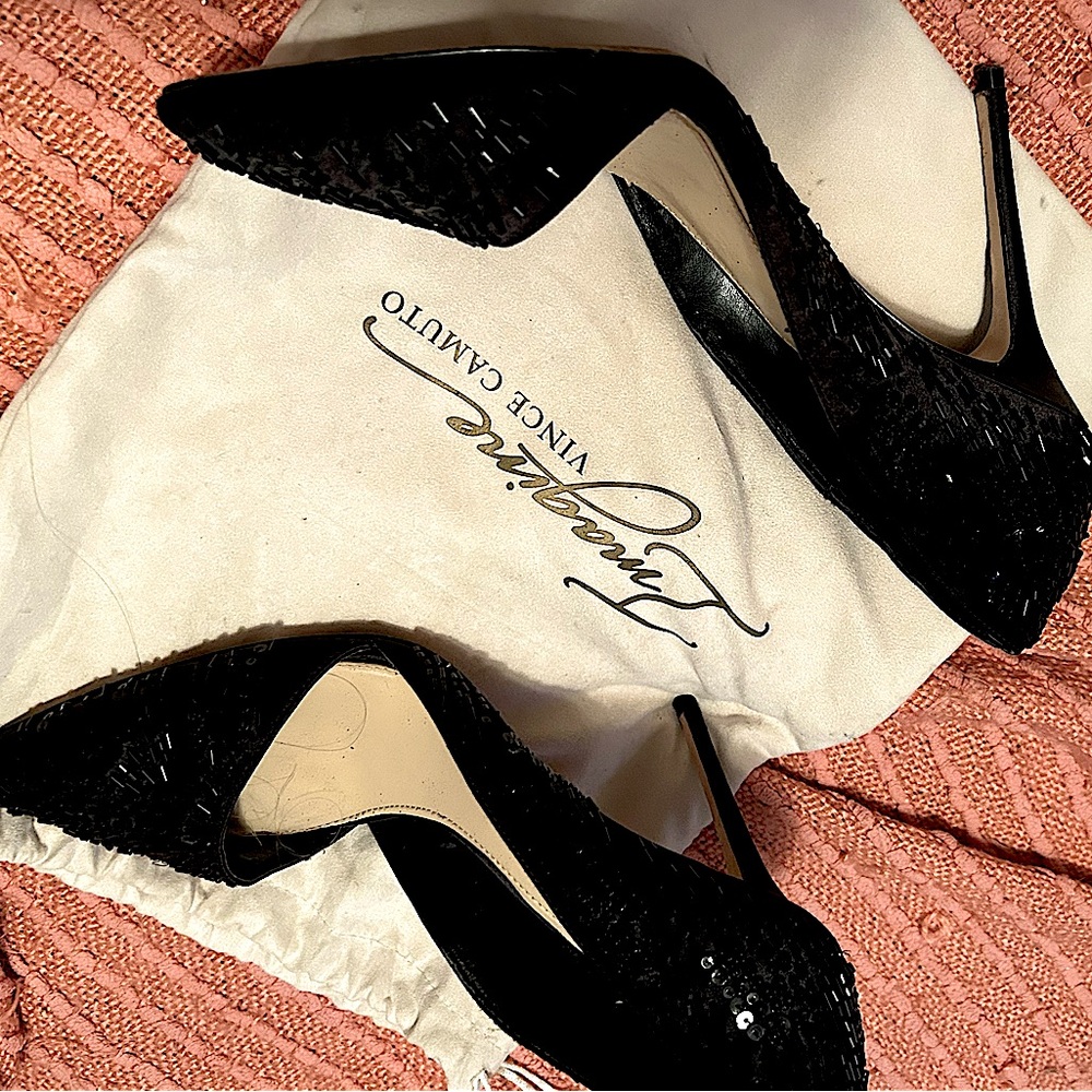 Vince Camuto black beaded heals